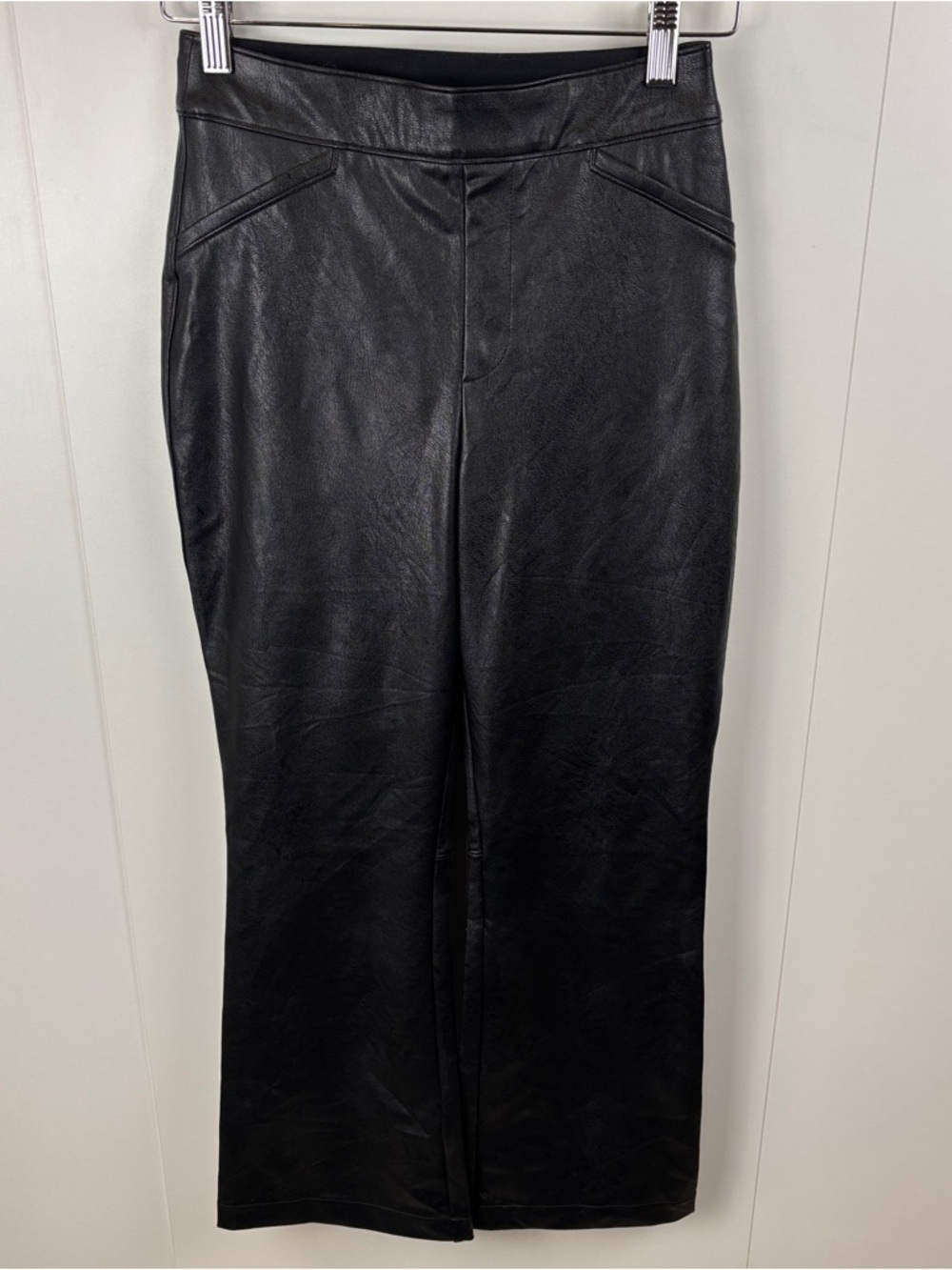SPANX Black Faux Leather Cropped Flare Pants Stretch sz S Sexy Moto Punk Goth